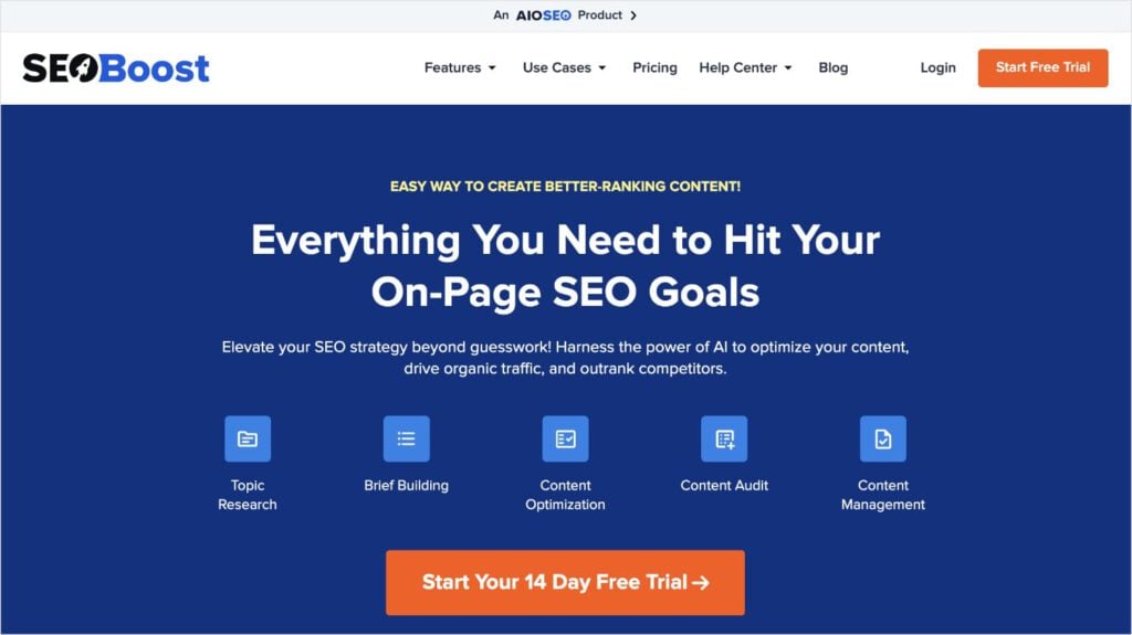SEOBoost SEOBoost homepage, a content optimization tool.