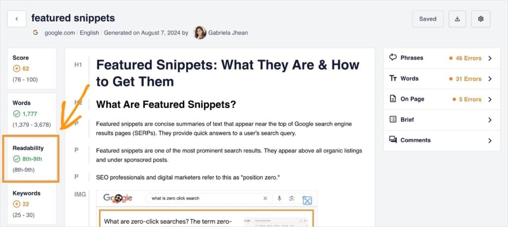 SEOBoost Readability Score SEOBoost shows a readability score of 8th to 9th grade.
