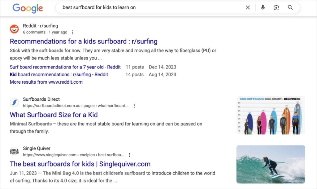 Google search results for the query best surfboard for kids to learn on.