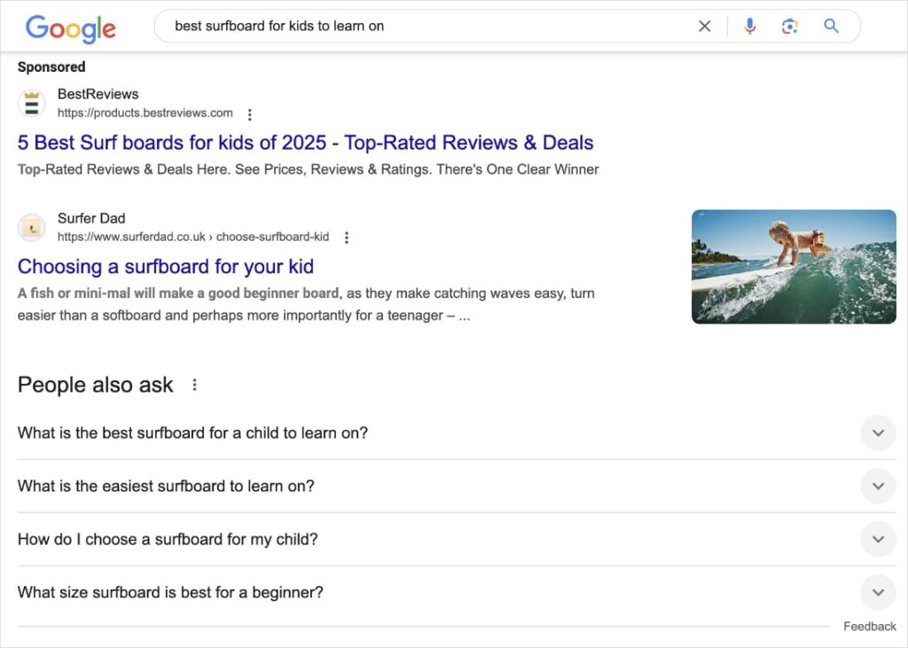 Google search results for the keyword best surfboard for kids to learn on.