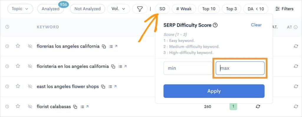 SERP Difficulty Filter SERP difficulty score filter.