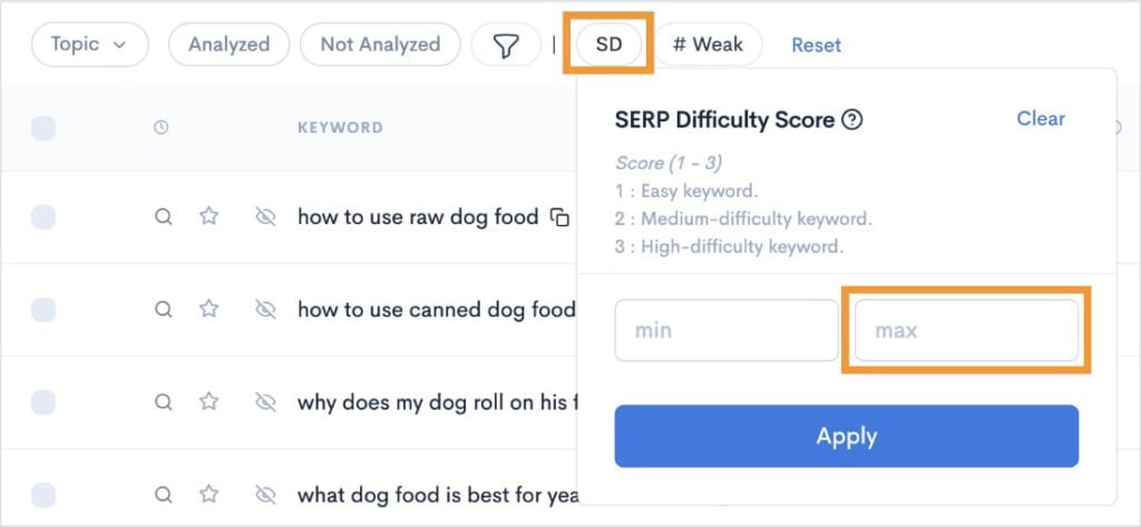 SERP Difficulty Score Fitler SERP difficulty score filter in keyword report.