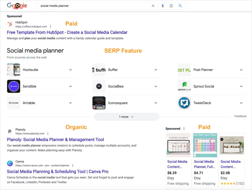 Google SERP Google SERP for the query social media planner shows paid and organic results and SERP features.