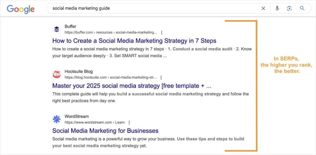 serp example with text Google organic search results.