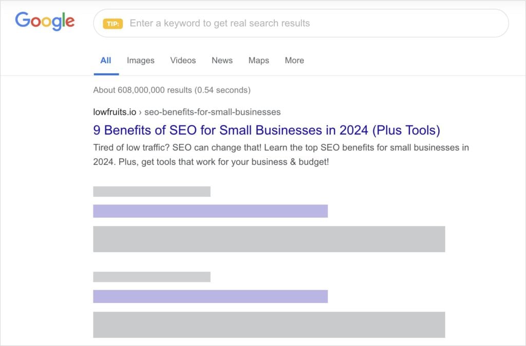 SERP Preview Example SERP preview of a blog in Google search results.
