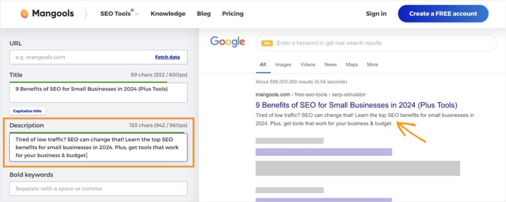Enter Your Meta Description Meta description in the Mangools SERP preview tool.