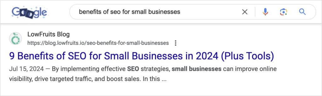 Google SERP Snippet Google SERP snippet for a blog about the benefits of SEO for small businesses.