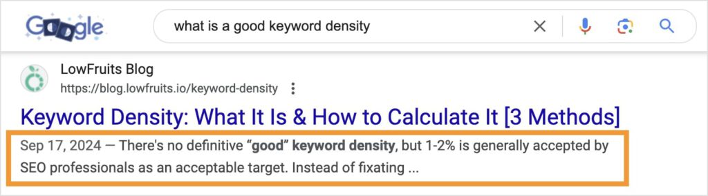 Google Rewrite of Meta Description Example of Google rewriting a meta description in search results.