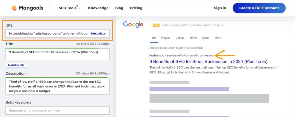 Enter Your URL URL in the Mangools SERP preview tool.