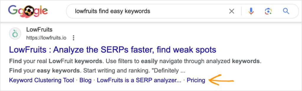 Sitelinks Example 2 Sitelinks appear under a LowFruits search result.