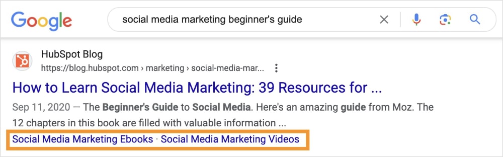 Sitelinks Example 2 Sitelinks for a blog post about social media marketing.