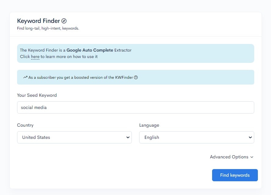 A screenshot of the keyword finder page highlighting LowFruits and Easy Keywords A screenshot of the keyword finder page, highlighting LowFruits and Easy Keywords.
