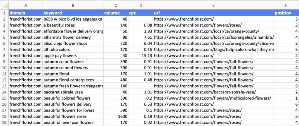 Competitor Keywords in Excel Spreadsheet of competitor keywords.