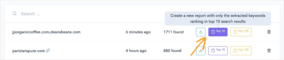 Competitor Keywords Ranking in the Top 10 Search Results Button to create a new report with competitor keywords ranking in the top 10 search results.