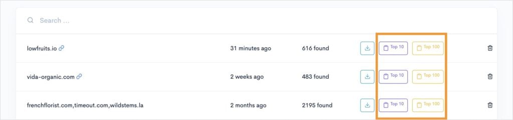 Extract the top 10 or top 100 keywords in LowFruits.