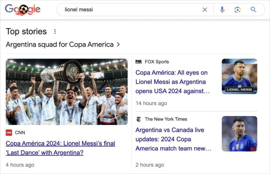 Top Stories Google top stories for the search Lionel Messi.