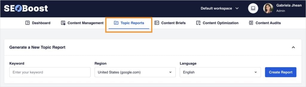 SEOBoost Topic Report Topic Report in SEOBoost, a content optimization tool.