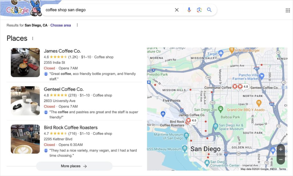 Transactional Search for a Local Business Transactional search for a coffee shop in San Diego.