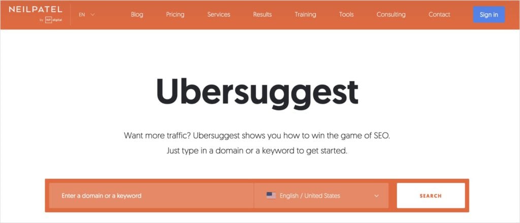 Ubersuggest Ubersuggest homepage.