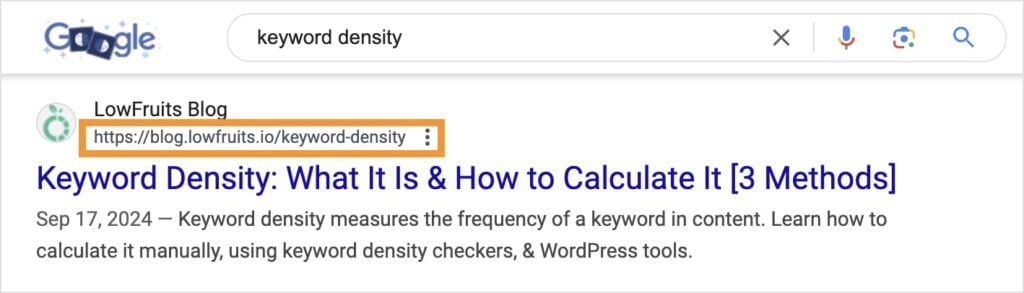 URL in Search Listing Google search result shows the URL for an article about keyword density.
