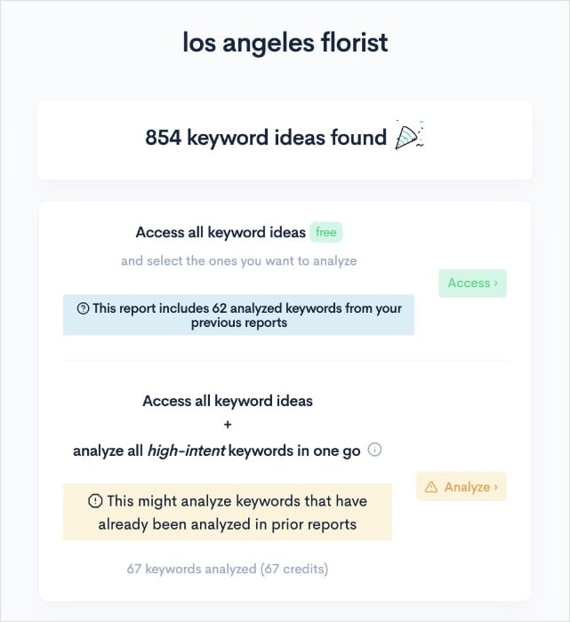Options to view keyword report.