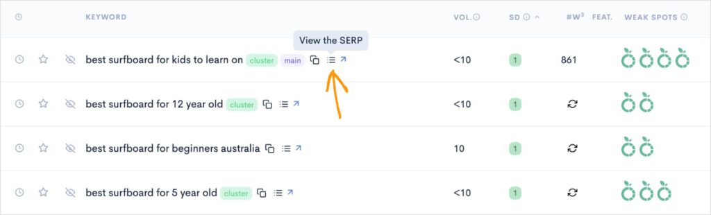 View the SERP Keyword list with a button to view the SERP.