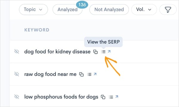 View the SERP View the SERP button next to a dog food keyword.