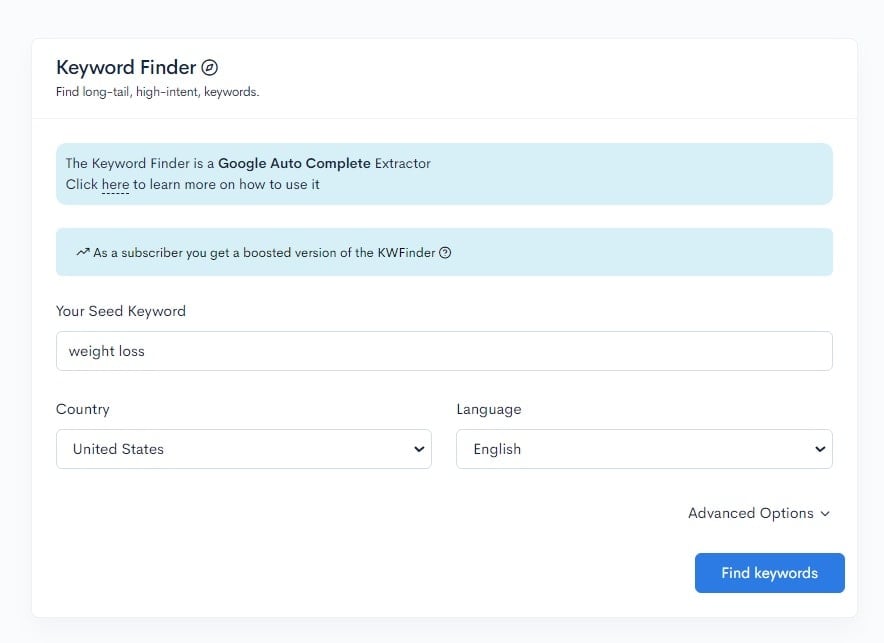 A screenshot of the keyword finder page displaying easy keywords for different niches A screenshot of the keyword finder page displaying easy keywords for different niches.