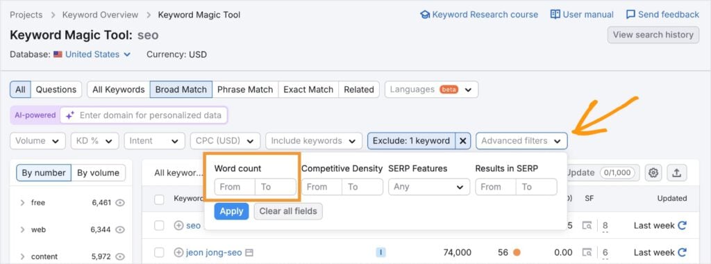 Word count filter under advanced filters in Semrush.