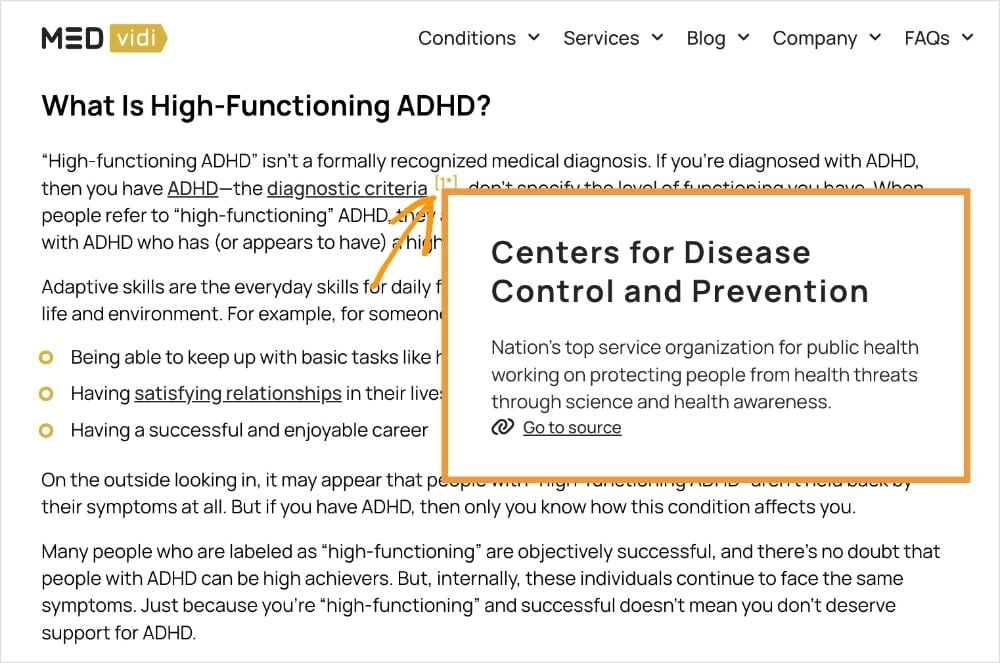 Example of Citing Sources YMYL idea is to include citations in blog posts like MEDvidi.