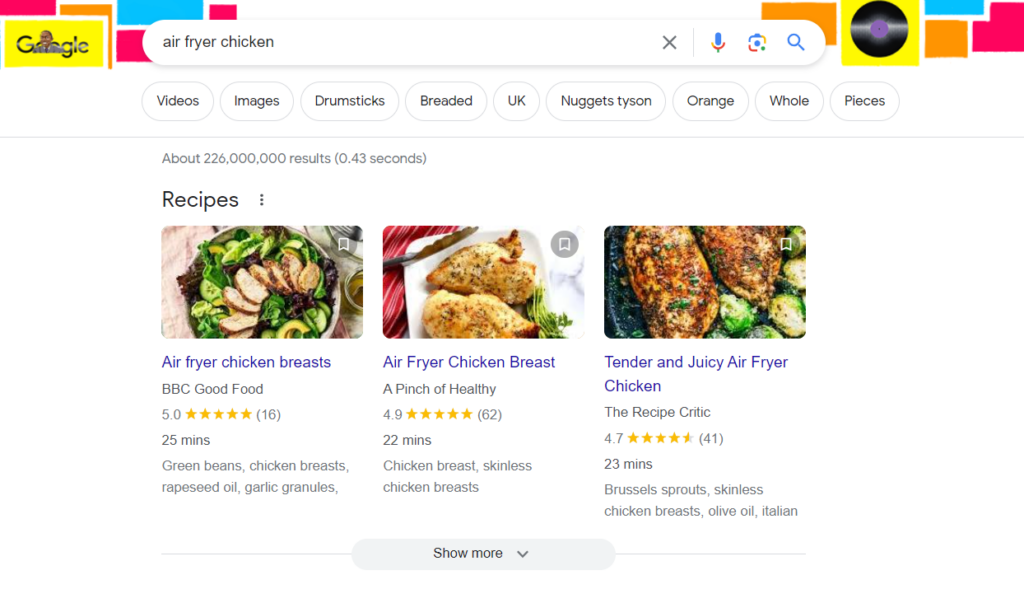 Google search page, recipes.