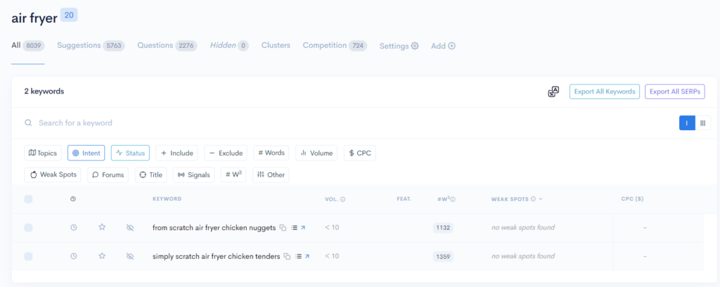 A page displaying a list of items alongside a keyword search guide.