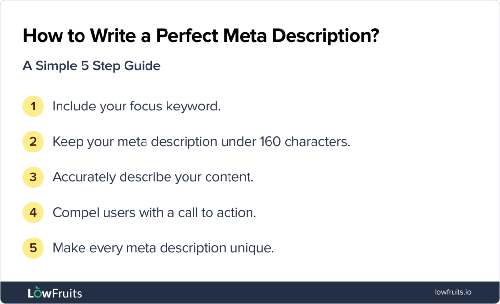 How to Write a Perfect Meta Description List of 5 steps to write a perfect meta description.