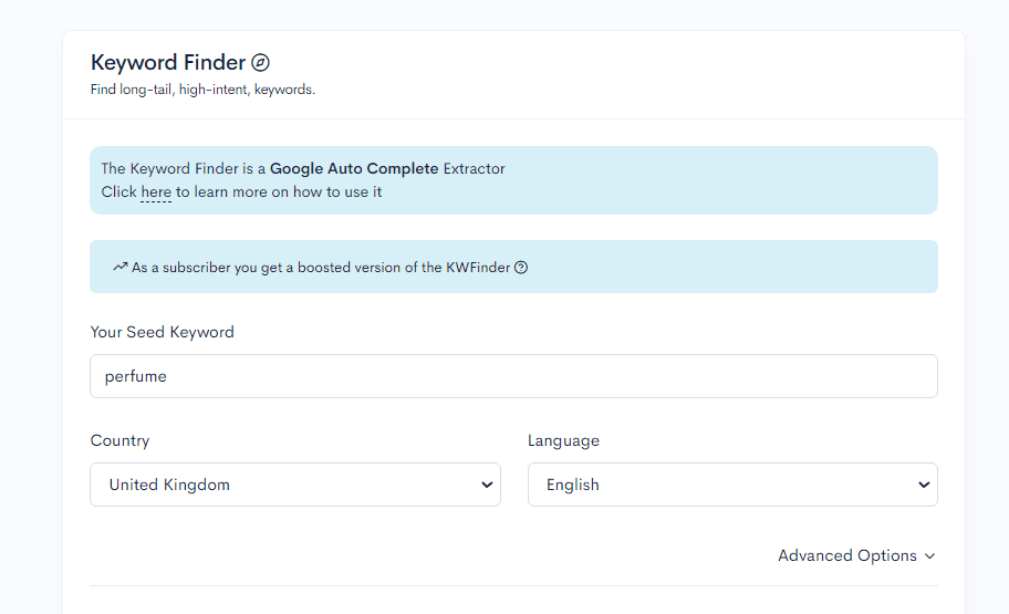 A screenshot of the Mangools keyword tool for conducting Keyword Research.