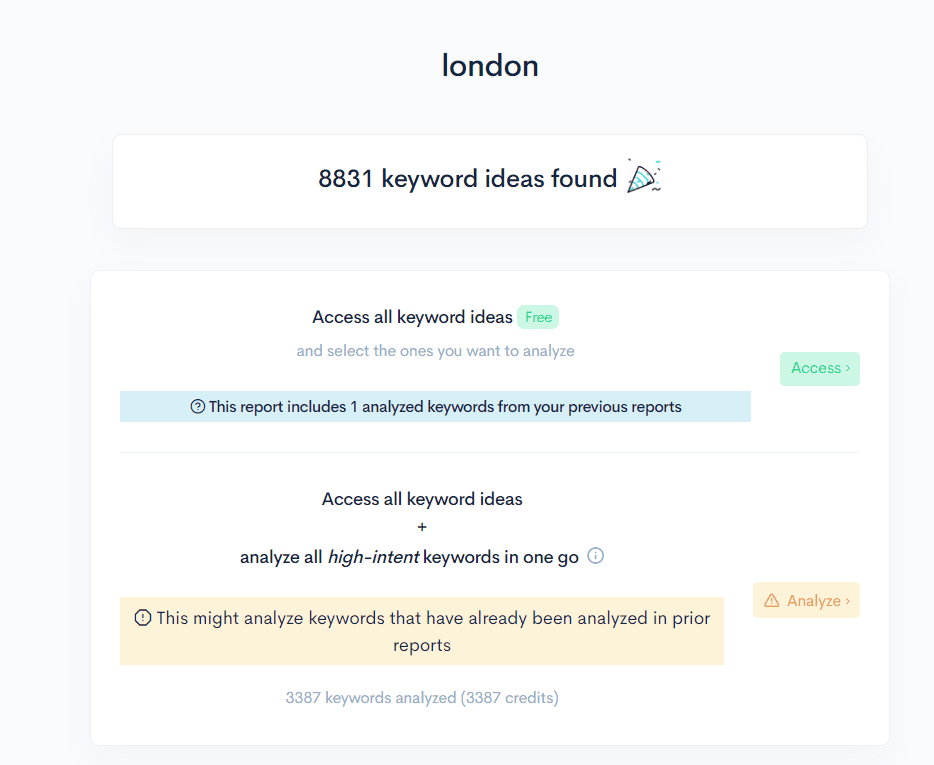 A screenshot of the different niches' keyword ideas found in London.
