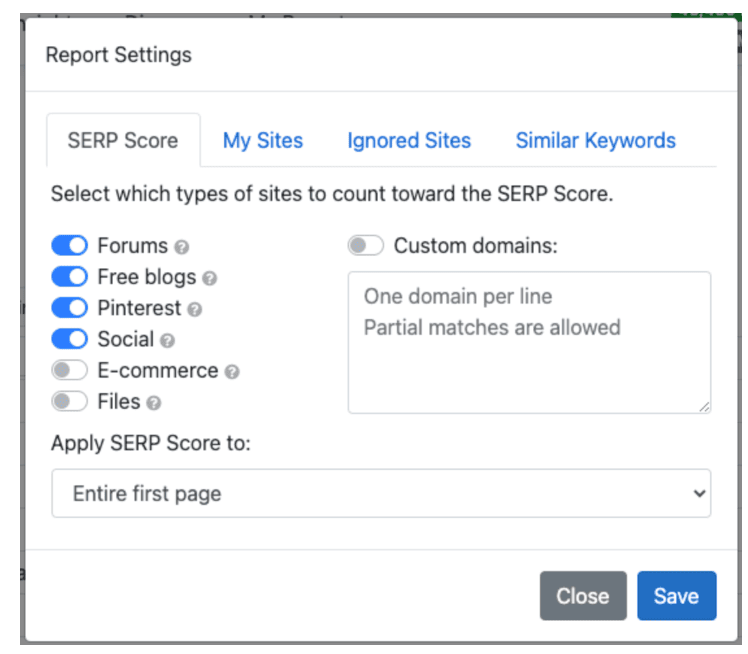 A screenshot of the report settings in sep for LowFruits vs. Keyword Chef comparison.