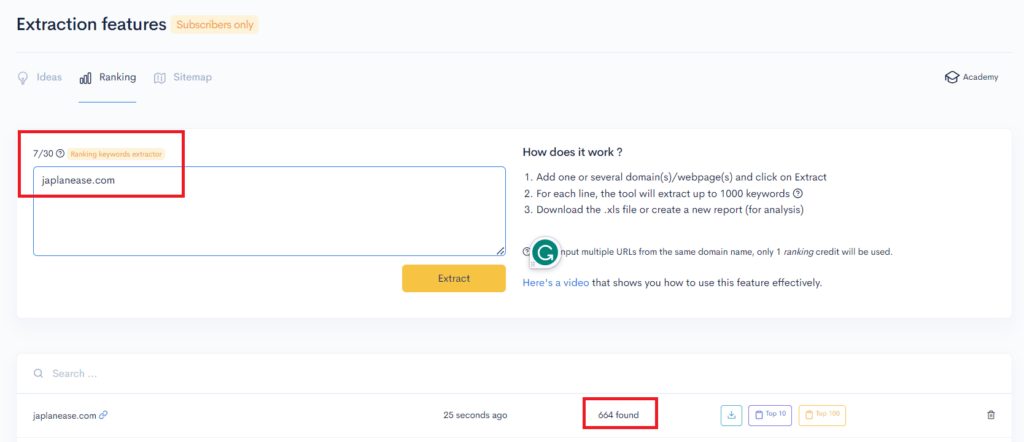 A screenshot of a page with a text box and a button, focused on keyword research.