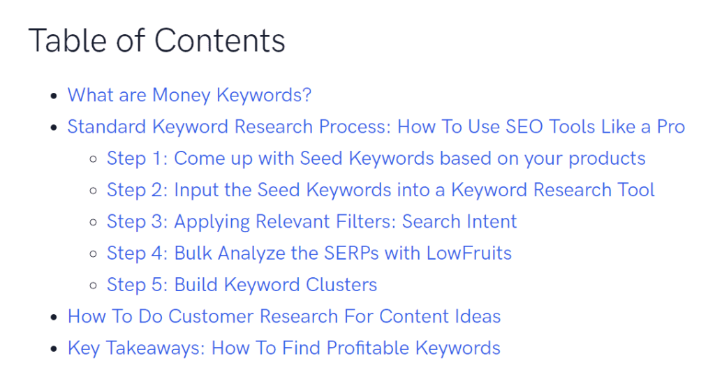 A table of contents with the words'what is a money keyword?'.