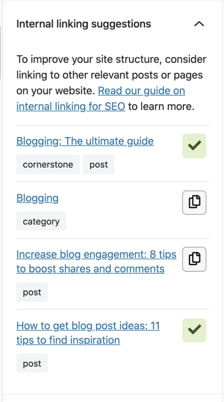 A screenshot of the internal linking suggestions screen A screenshot of the internal linking suggestions screen.